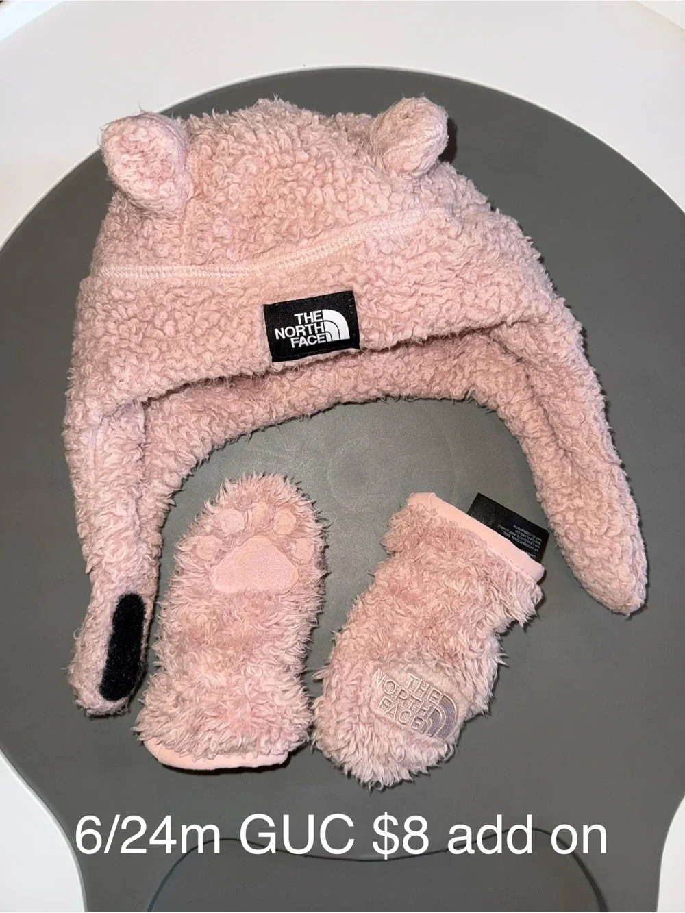 The North Face Kids Pink Sherpa Earflap Hat with Matching Mittens